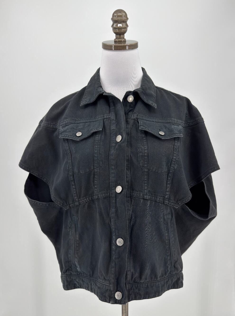 Dries Van Noten Black Denim Cap Sleeve Collared Button Up Vest Jacket Sz S Sz S